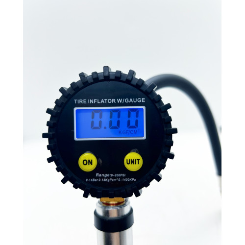 Пистолет для подкачки колёс с электронным манометром до 220PSI или 15bar с плоским курком и с кнопкой стравливания, ЕВРО разъем под шланг