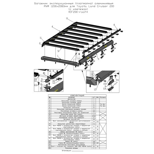 Багажник экспедиционный (платформа) алюминиевый РИФ 1200x2080 мм для Toyota Land Cruiser 200 (с крепежом)