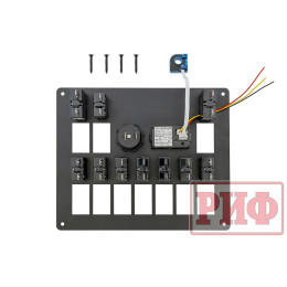Панель монтажная распределительная на 10 переключателей с предохранителями, 12-32В DC, вольтметр, амперметр, розетка 12В