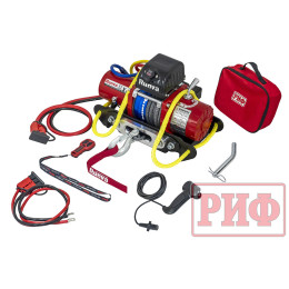 Лебёдка переносная РИФ 9.5XS c квадратом для фаркопа и проводами в сборе, короткий барабан, синтетический трос (облегченная)