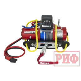 Лебёдка переносная РИФ 9.5XS c квадратом для фаркопа и проводами в сборе, короткий барабан, синтетический трос (облегченная)