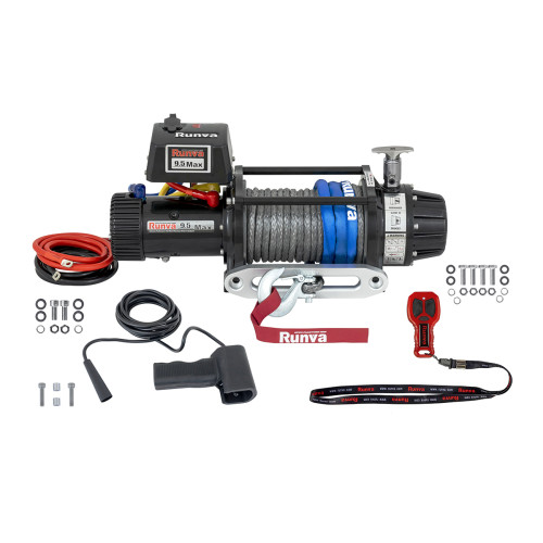 Лебёдка автомобильная электрическая 12V Runva 9500 lbs 4350 кг влагозащищенная, комбинированный роспуск, синтетический трос 