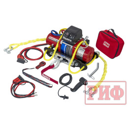 Лебёдка переносная РИФ 9.5XSR c квадратом для фаркопа и проводами в сборе, короткий барабан, синтетический трос (облегченная)