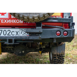 Бампер РИФ силовой задний Isuzu D-MAX (2012-2020) с квадратом под фаркоп, калиткой, фонарями, подсветкой номера стандарт