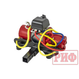 Лебёдка переносная РИФ 9.5XS c квадратом для фаркопа и проводами в сборе, короткий барабан, стальной трос (облегченная)
