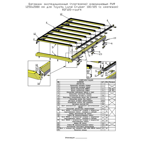Багажник экспедиционный (платформа) алюминиевый РИФ 1250x2080 мм для Toyota Land Cruiser 100/105 (с крепежом)