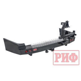 Бампер РИФ силовой задний Toyota Land Cruiser 100 с квадратом под фаркоп, калиткой, фонарями, подсветкой номера