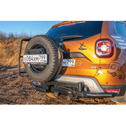 Бампер задний силовой/защита штатного бампера РИФ Renault Duster 2015-2020 c квадратом под фаркоп, калиткой, подсветкой номера