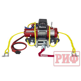 Лебёдка переносная РИФ 9.5XS c квадратом для фаркопа и проводами в сборе, короткий барабан, стальной трос (облегченная)